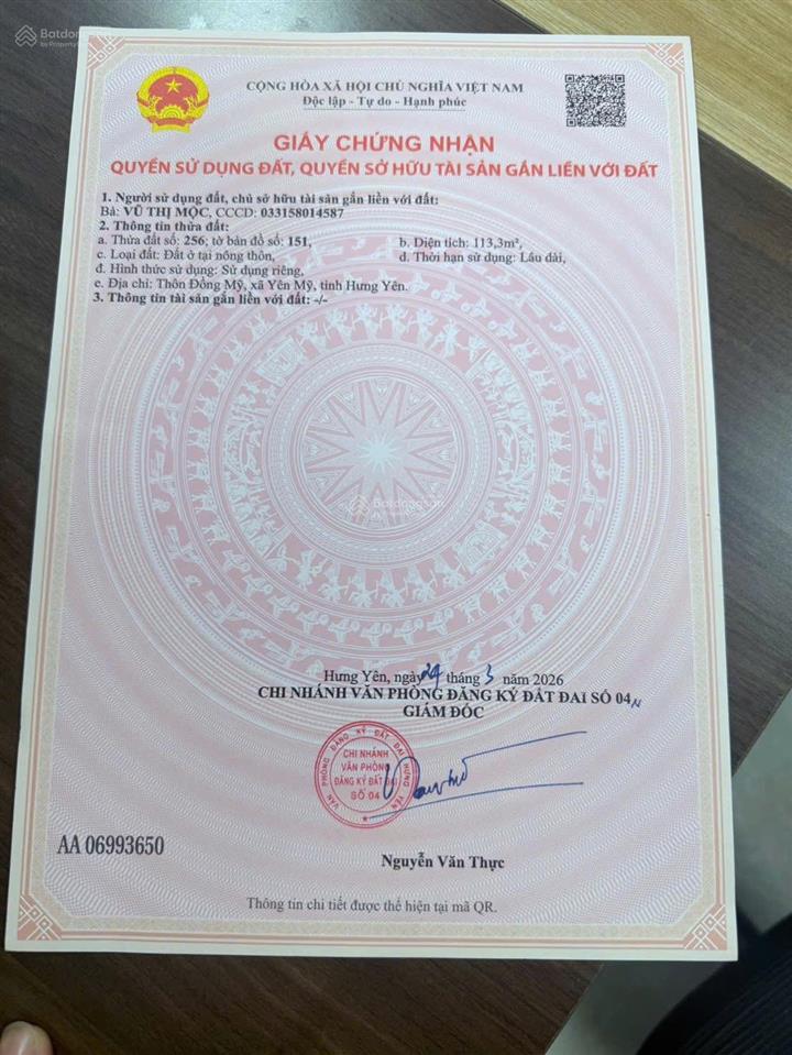 Bán lô đất 113m đường ô tô tài chính giá rẻ tại thôn đồng mỹ, xã yên mỹ, hưng yên