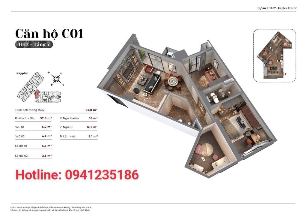 Chính chủ cần bán gấp căn 3pn,trục c01, hh02, dt93m2 tầng đẹp, chung cư kepler land. 0941 235 ***