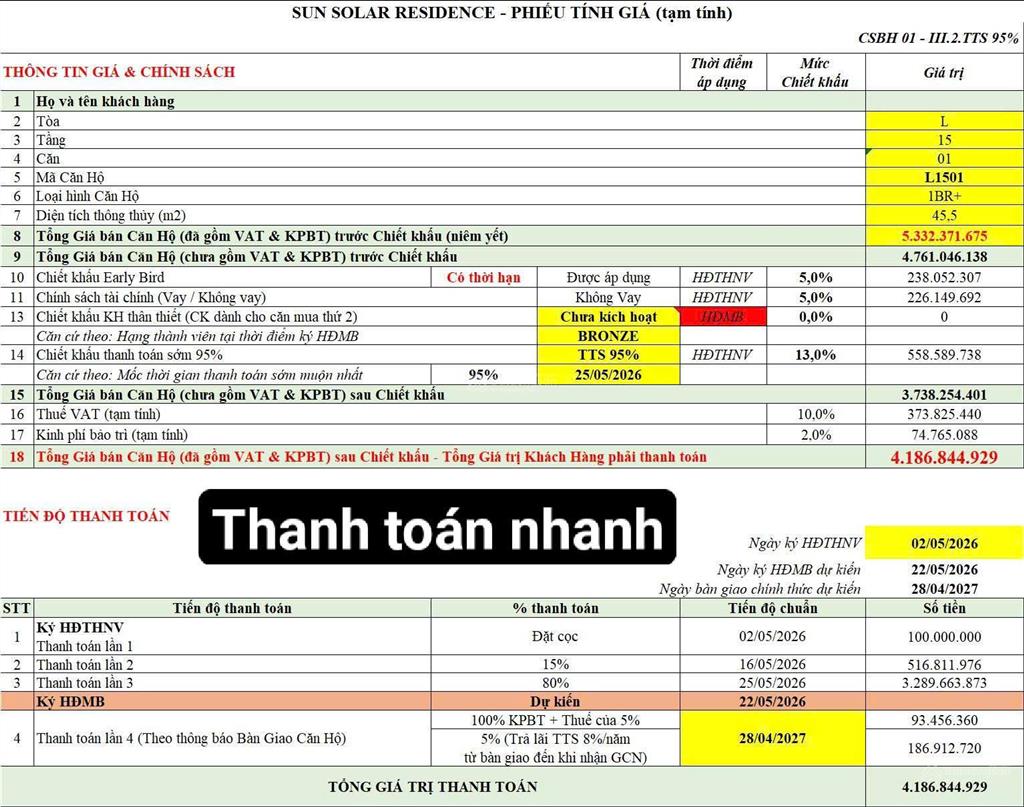 Căn 1pn+ căn hộ sun solar, giá từ chủ đầu tư, chiết khấu lên đến 23% khi thanh toán nhanh