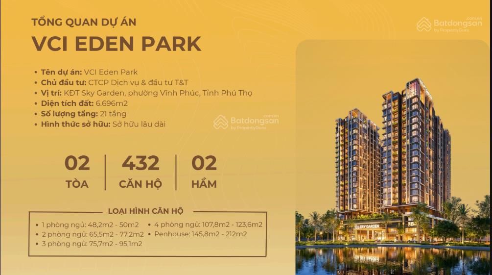 Căn hộ vci eden park cao cấp, dòng căn 2pn hợp đầu tư cho thuê và ở. giá dk từ 2,2 tỷ/căn full nt