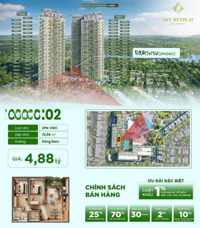 Bán căn hộ skyretreat 96m2, view biệt thự đảo,tầng 8, tt 25% ( 1,315 tỷ) nhận nhà 0909 407 ***