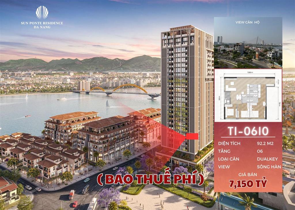 Hàng ngộp bank, 7,1 tỷ bán gấp căn dualkey sun ponte 92,2m2 bao thuế phí. rẻ nhất thị trường