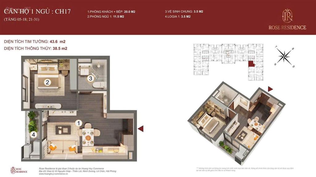 Giá sốc hoàng huy rose residence, mã 17 1 ngủ tầng trung cực đẹp , giá 1,6x tỷ