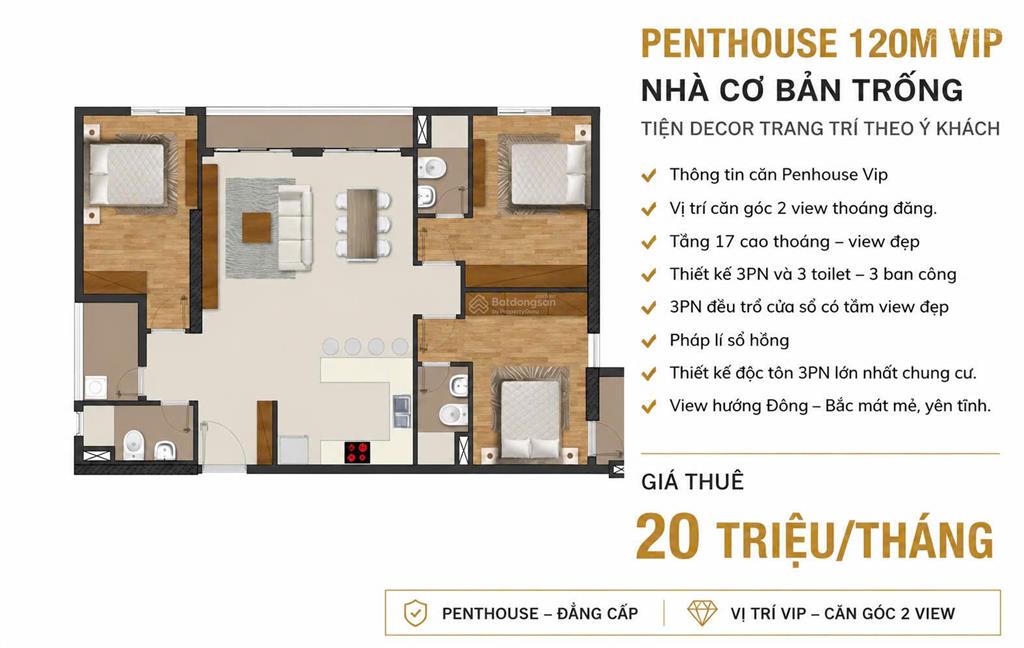 Cho thuê căn hộ penhouse vip 120m2, loại 3pn  3wc, 3 ban công, hàng khan hiếm, giá 19tr/th