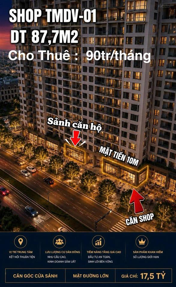 Hót  shop căn góc sát sảnh mặt ngã tư đường lớn,90m2 giá bán thấp hơn thị trường 70tr/m2