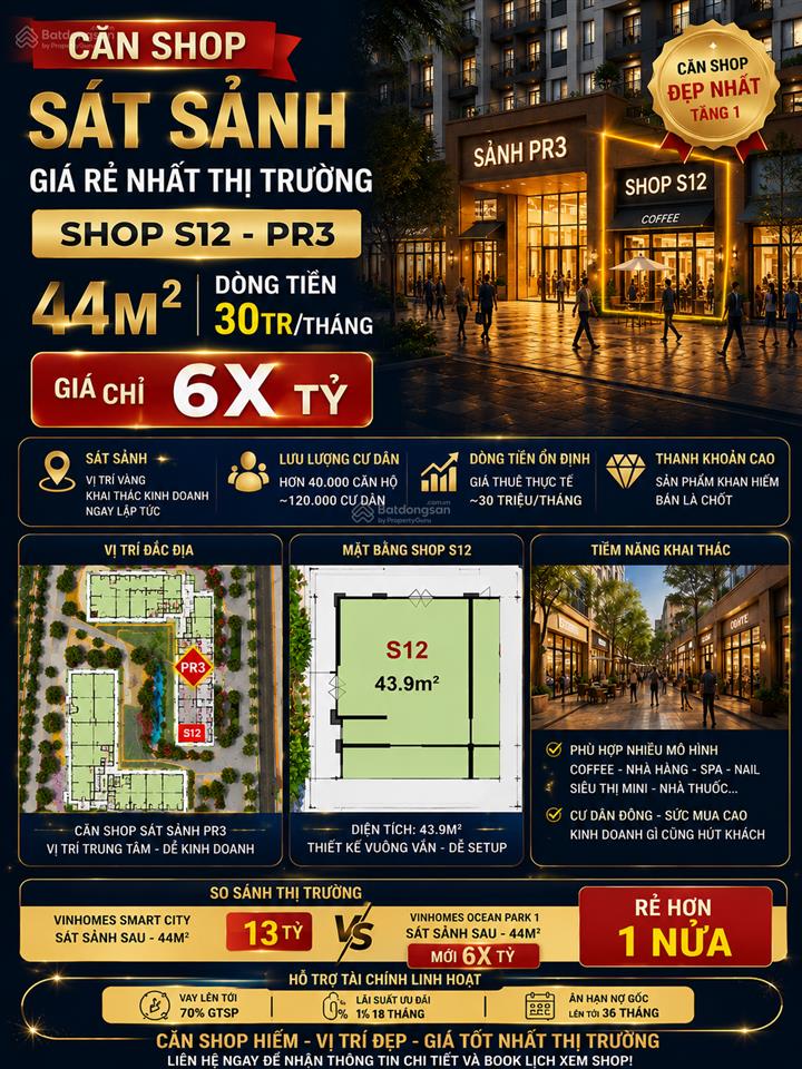 Bán gấp  shop chân đế sát sảnh 45m2, giá cạnh tranh thị trường 6,9 tỷ dòng tiền 30tr/tháng