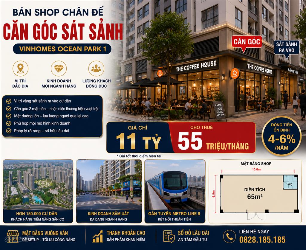 Bán shop chân đế căn góc sát sảnh cư dân  65m²  giá chỉ còn 11 tỷ  cho thuê 55tr/tháng