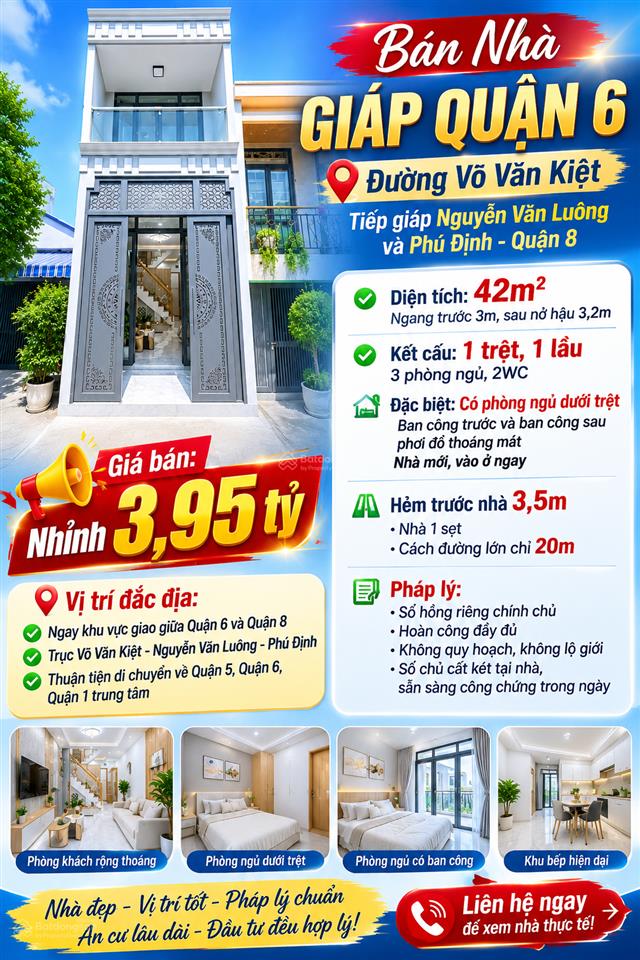 Bán nhà giáp q6 võ văn kiệt p16, q8, 42m2, 34pn, 3wc, hxh, shr, ko qh, giá 3.95t