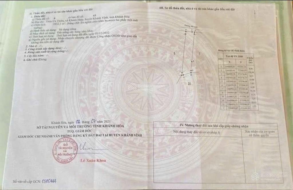 Bán đất vườn 3.932m2, tại thôn cà thiêu  xã khánh hiệp  huyện khánh vĩnh  tỉnh khánh hòa