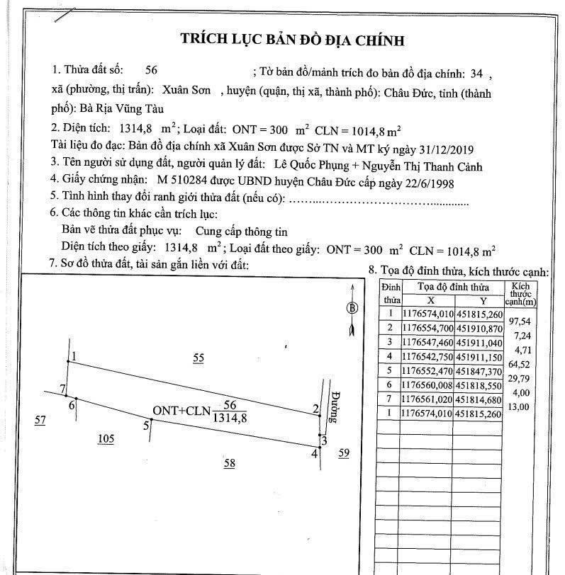 Ngân hàng thanh lý hơn 1000m2 đất sẵn thổ, ngang 7,2m, châu đức brvt
