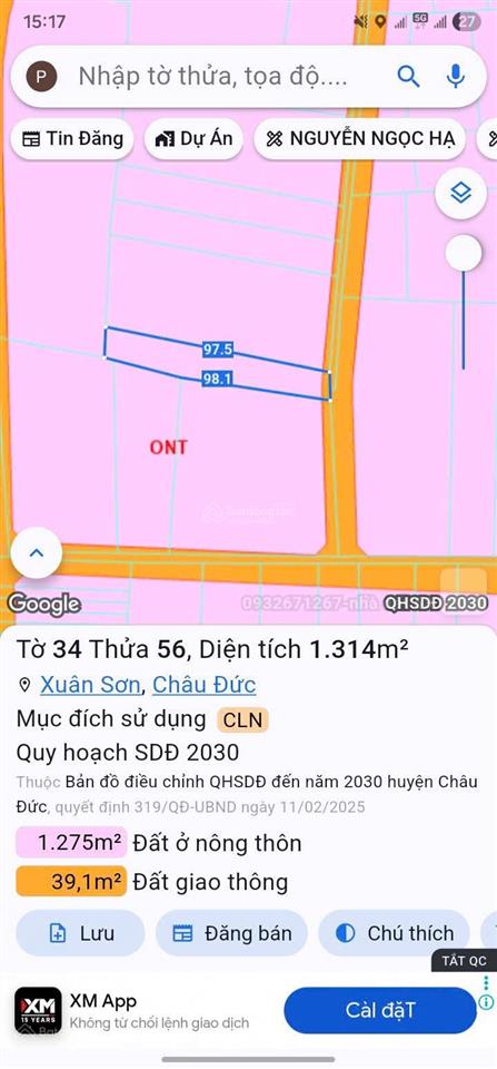 Ngân hàng thanh lý hơn 1000m2 đất sẵn thổ, ngang 7,2m, châu đức brvt