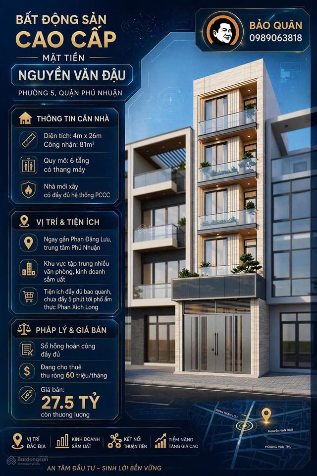 Siêu phẩm 6 tầng 4*26m mặt tiền nguyễn văn đậu phú nhuận  chính chủ cần bán ngay! chỉ 27.5 tỷ
