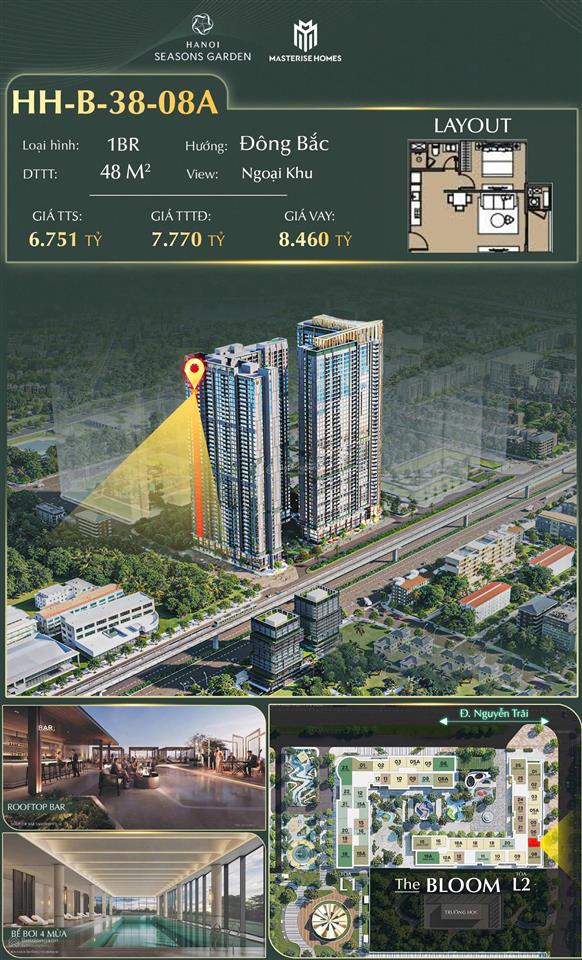 Căn 1n  48m2  rẻ nhất toà l2  masterise cao xà lá  view thoáng mát đẹp giá rẻ