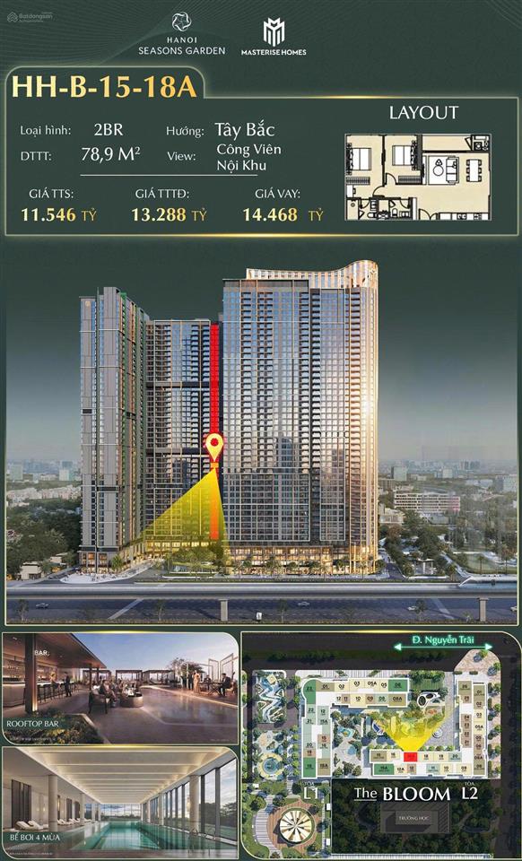 Masterise cao xà lá giá rẻ  79,2m2  view nội khu đẹp nhất toà l2  giá 10 tỷ