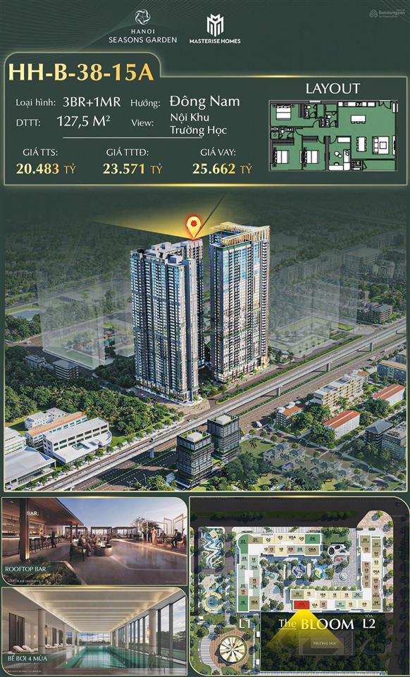 Căn 4pn  đông nam trục 15a  127,5m²  cao xà lá  view đẹp trong tòa l2  giá 20,4 tỷ