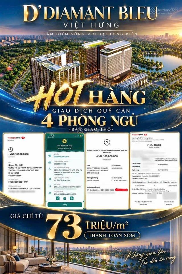 Căn hộ cao cấp 4 phòng ngủ của cđt tân hoàng minh tại việt hưng long biên, chỉ 73tr/m2