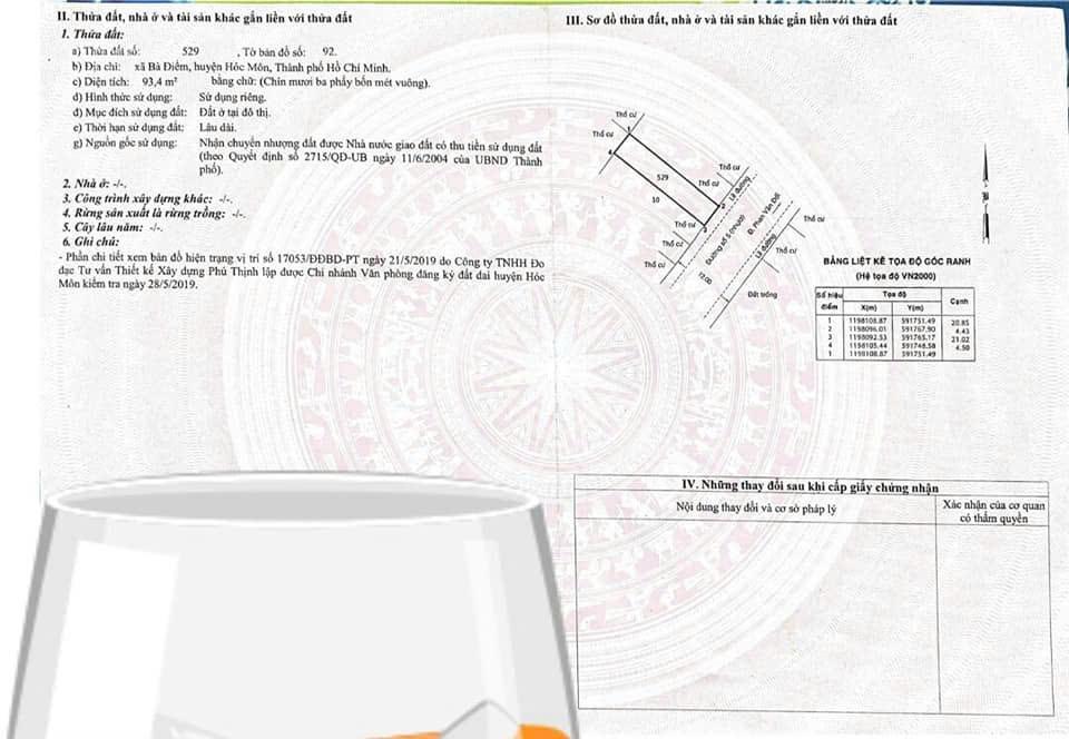 Bán gấp đất nguyễn ảnh thủ hóc môn  93m2  sổ hồng riêng, giá 2 tỷ 5