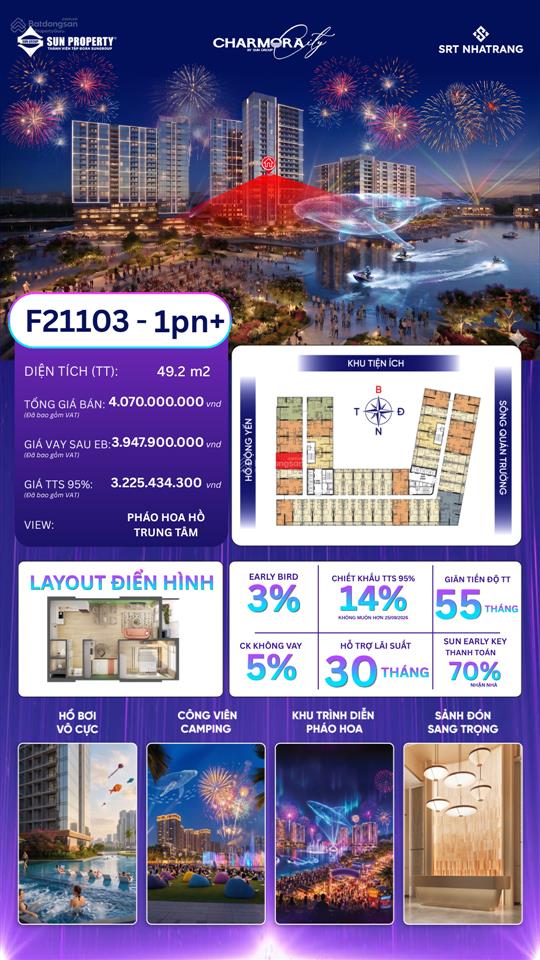 Căn hộ 1pn+ the fest charmora city sun group | view trực diện pháo hoa lễ hội show diễn nhạc nước