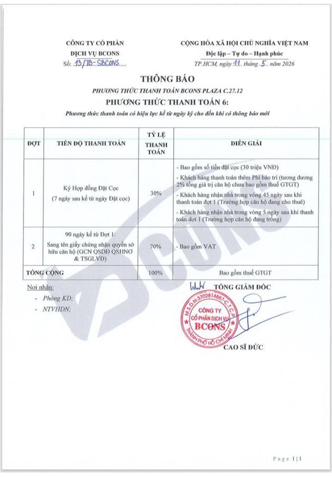 Sót căn duy nhất giá từ cđt bán bcons plaza 2pn2wc diện tích lớn, thanh toán theo tiến độ từ cđt