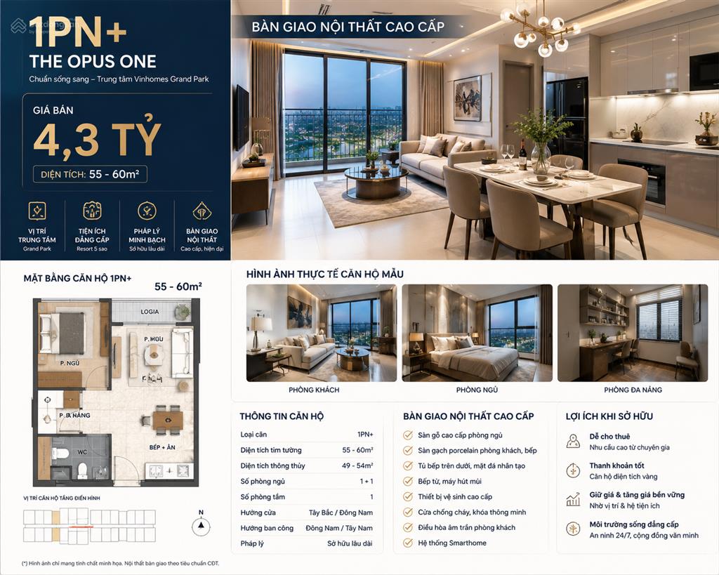 Chỉ thanh toán trước 1,2 tỷ (30%) sở hữu 1pn+ trung tâm vinhomes grand park