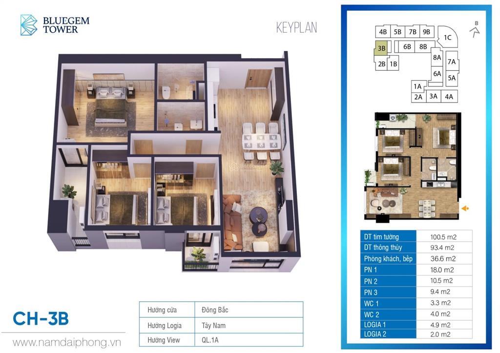 Bluegem tower pháp vân căn 3pn tầng trung, giá 67,74tr/m2 nhận nhà ở luôn, xem nhà thực tế tầng 5