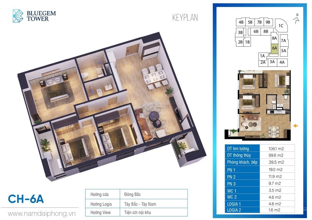 Bluegem tower pháp vân căn 3pn tầng trung, giá 67,74tr/m2 nhận nhà ở luôn, xem nhà thực tế tầng 5