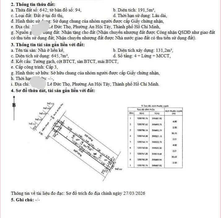 Bán chdv lê đức thọ hẻm 8m cách mặt tiền 50m, dt 4,8x40m, cn 191.5m2 sàn sử dụng 654m2, giá 19 tỷ