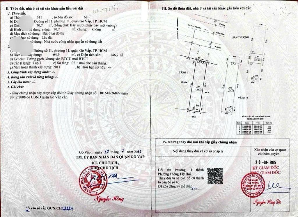 Bán nhà 1 trệt 2 lầu mặt tiền nguyễn văn khối 4x17 cn 70.7m2 giá 11 tỷ 8 thương lượng