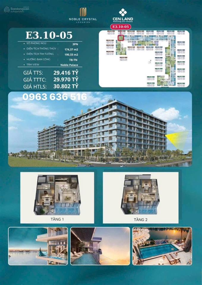 Duplex sky villa hiếm noble crystal long biên 3pn  29.4 tỷ