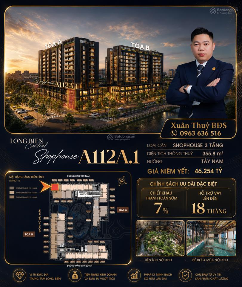 Bán shophouse 336m2 ở long biên central, giá ưu đãi chỉ với 43,5 tỷ vnd