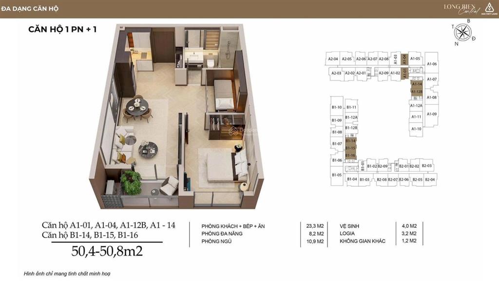 Cần bán căn hộ 1pn  51 m2 tầng cao đông nam, dự án long biên central