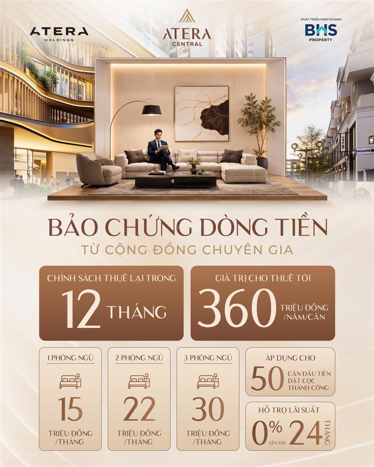 Căn hộ 1pn hiếm có ban công đn tại atera central phố nối b, cho thuê 15tr/tháng, htls 24 tháng.