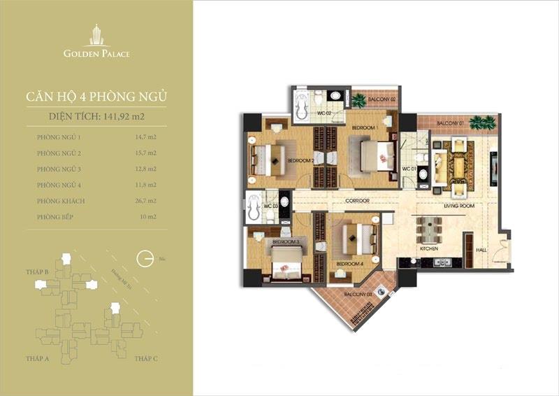Căn hộ tầng trung 142m2, 4pn,3wc, full đồ toà b golden palace, giá 10,9 tỷ.  0962 636 ***