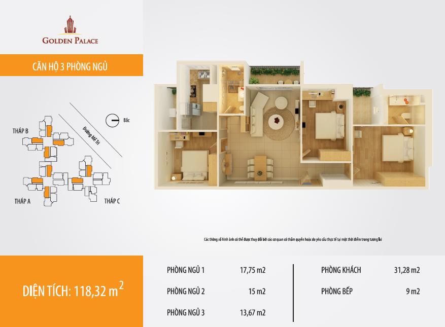 Cần bán gấp căn hộ tầng trung 118m2,3pn,2wc, toà a golden palace, giá 9,39 tỷ.  0962 636 ***