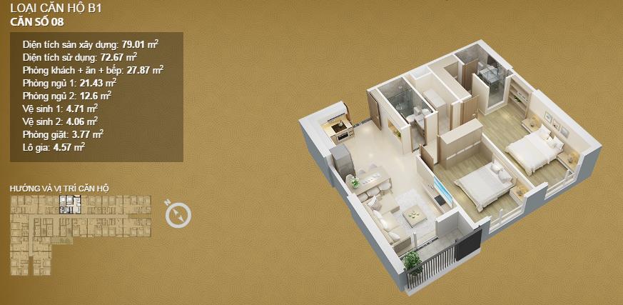 Chính chủ bán căn hộ 79m2, view hồ cửa tn, ban công đb, 2pn tại mỹ đình pearl  phú đô, giá 7,59 tỷ