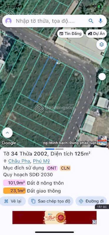 Bán lô đất ngay trung tâm xã châu pha gần kcn sonadezi giá chỉ 1ty150