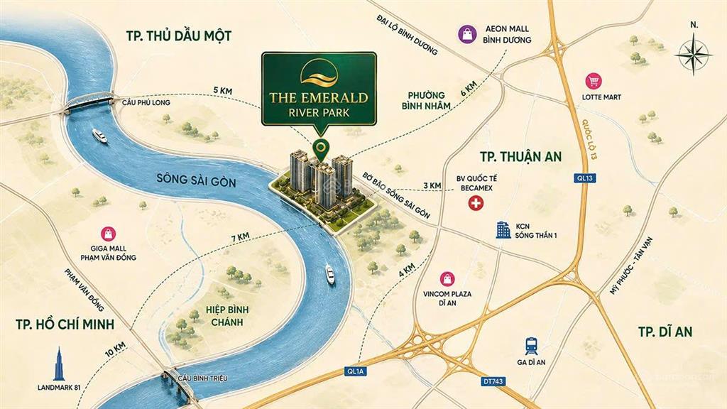 Căn hộ emerald river park  2pn2wc giá 3tỷ6 view mặt sông sài gòn tặng 5 năm phí quản lí + ck 3,5%