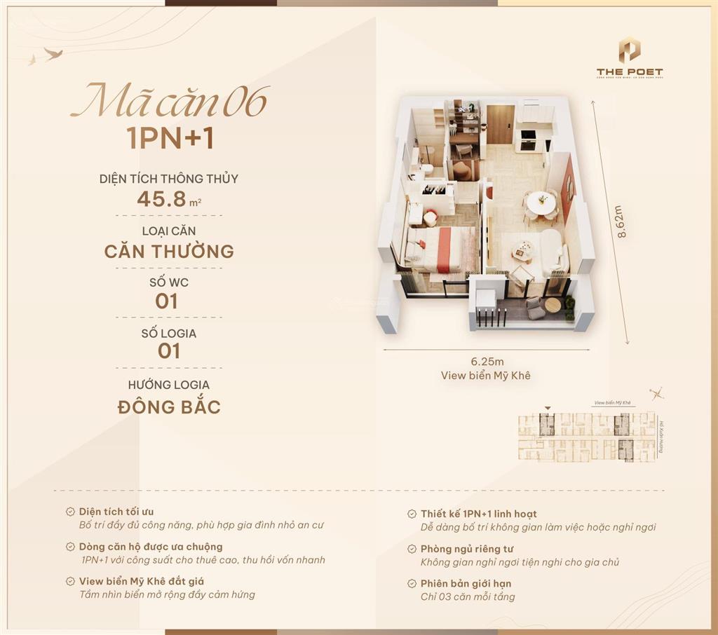 Căn hộ biển mỹ khê 1pn + 1 dự kiến chỉ 4,2 tỷ dự án the poet residence, cách biển 200m