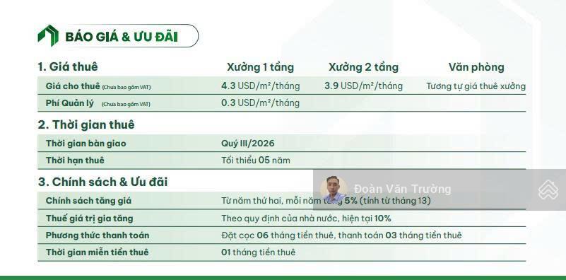 Cho thuê kho xưởng trong kcn đồng văn 3 mở rộng. diện tích từ 1600m2 trở lên. giá từ 102.880đ/m2/th