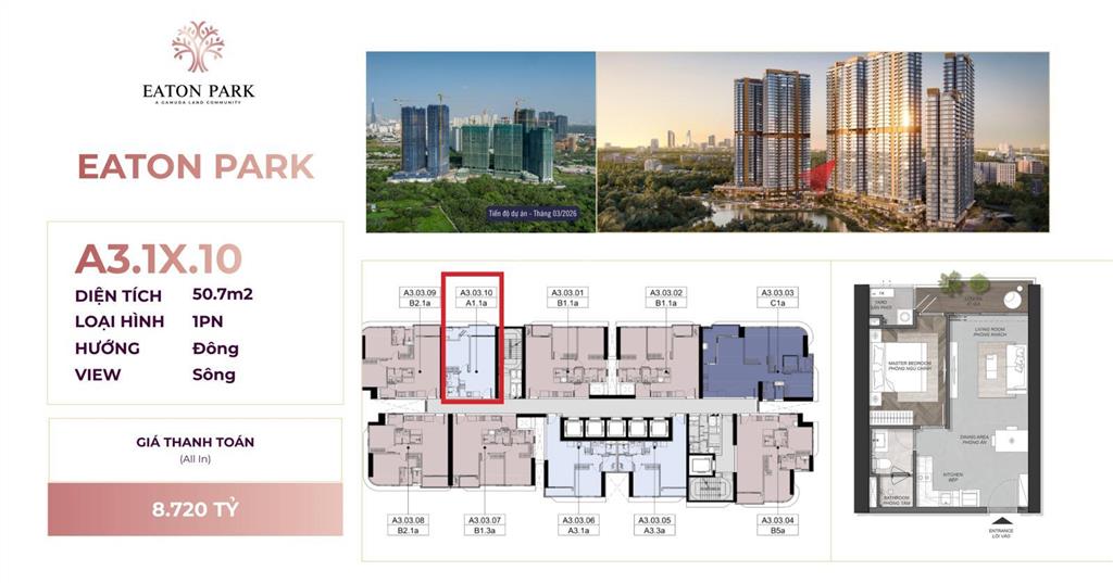 Bán nhanh căn hộ eaton park giá giảm sâu 1pn view sông 50m2 8.720 tỷ