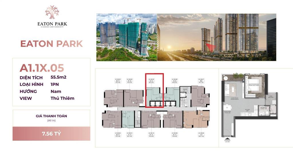 Bán nhanh căn hộ eaton park giá tốt 1pn view thủ thiêm 55m² 7,56 tỷ