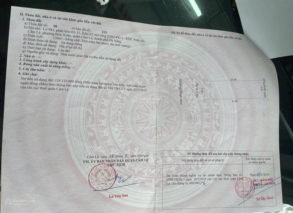 Siêu hiếm (mặt tiền 6m) đường 7.5m phan khôi, hòa xuân
 dt 126m2, ngang 6m x 21m
 hướng tây