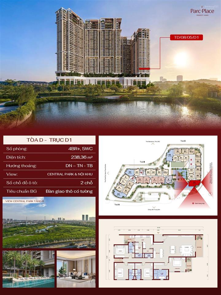Bán căn 238m2 miễn phí 2 chỗ đỗ oto tại khu đô thị cao cấp park city hà đông, hà nội view công viên