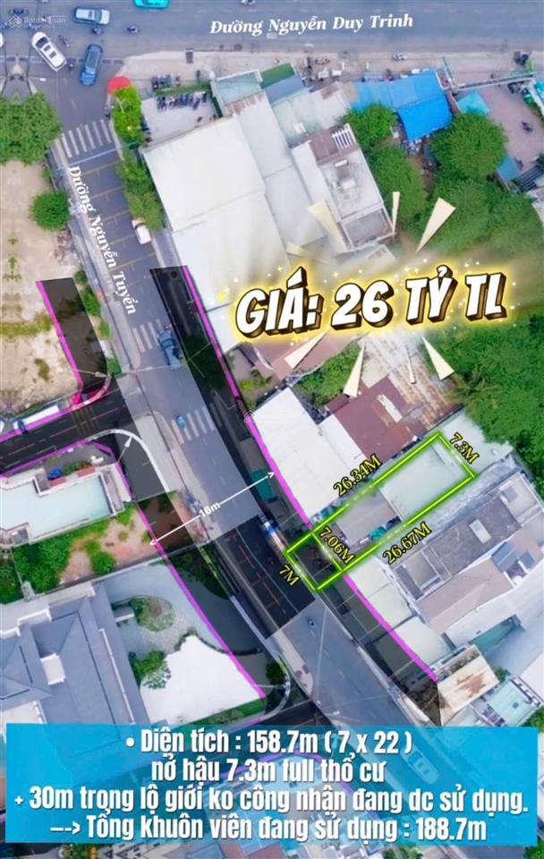 Chính chủ gửi bán đất mtkd đường nguyễn tuyển chỉ cách nguyễn duy trinh 50m, dt 189m2 (7x26m)
