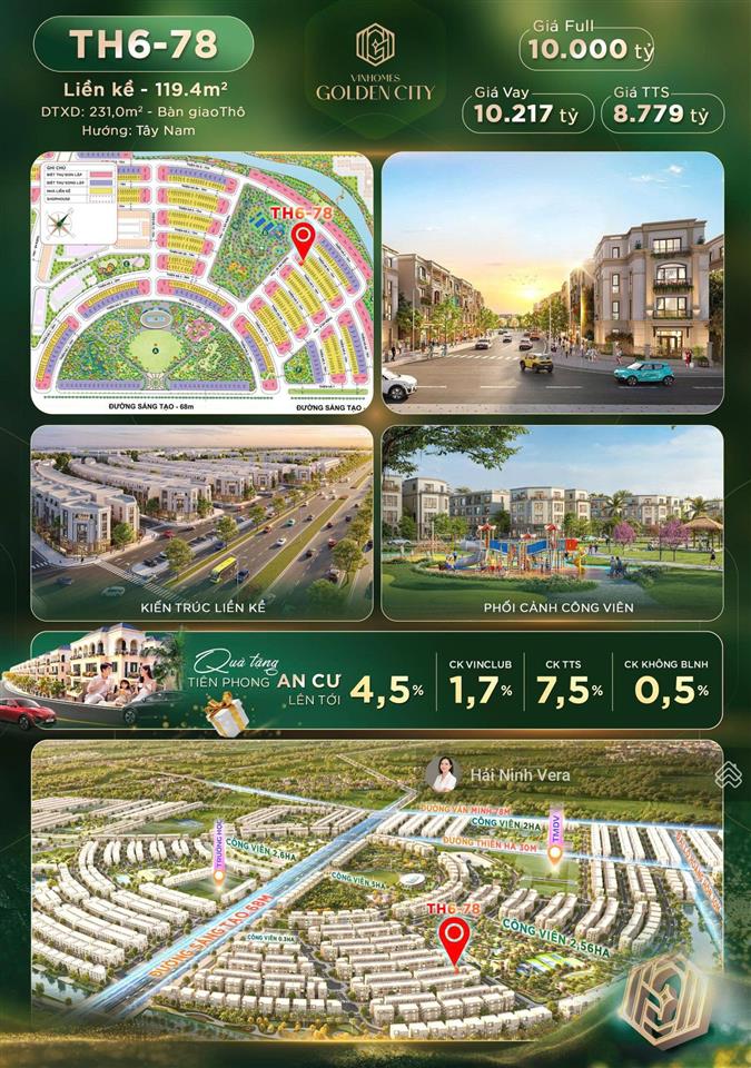 Liền kề vinhomes golden city dương kinh 119,4m² gần công viên 2,56ha giá thanh toán sớm 8,779 tỷ