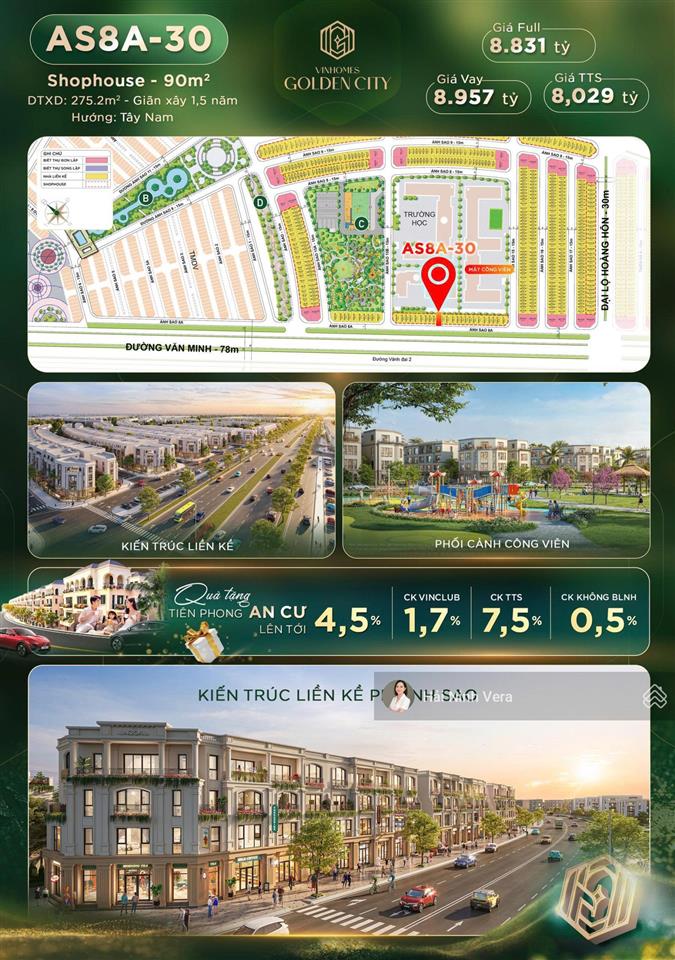 Bán shophouse vinhomes golden city dương kinh 90m² trục chính gần trường học, vị trí đẹp