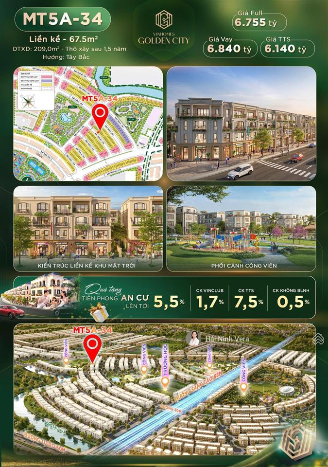 Bán liền kề vinhomes golden city dương kinh 67,5m² gần công viên, sông sinh thái giá từ 6 tỷ