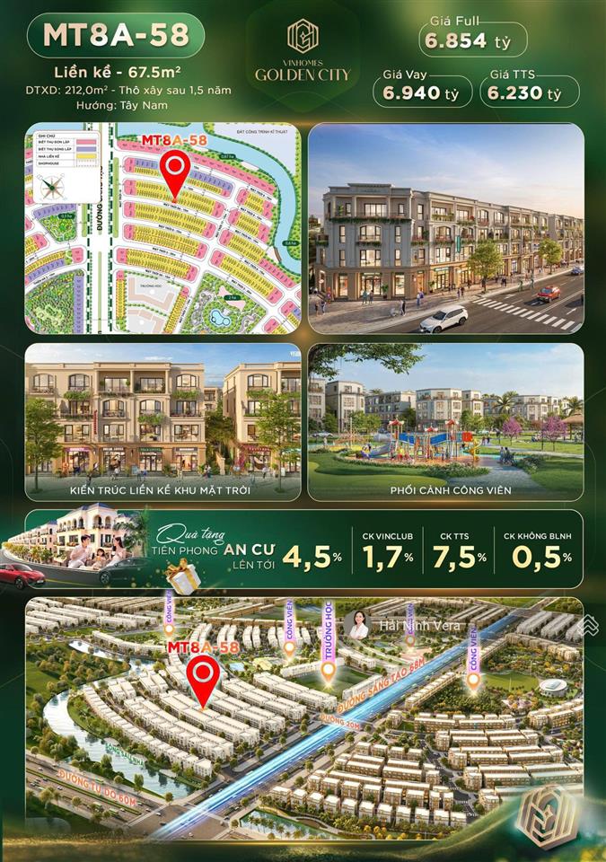 Bán liền kề vinhomes golden city dương kinh 67,5m² gần công viên, sông sinh thái giá từ 6 tỷ