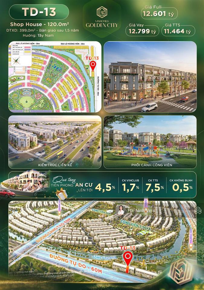Bán shophouse 2 mặt tiền 120m² mặt đường tự do 60m vinhomes golden city dương kinh