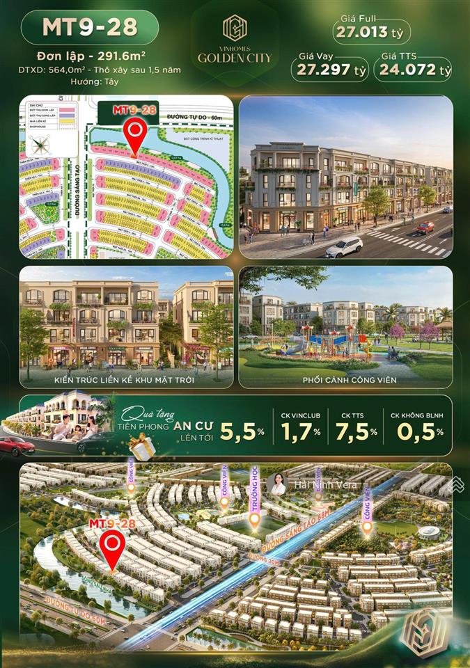 Bán biệt thự đơn lập vinhomes golden city dương kinh 291,6m² sau nhà là công viên và sông, giá tốt
